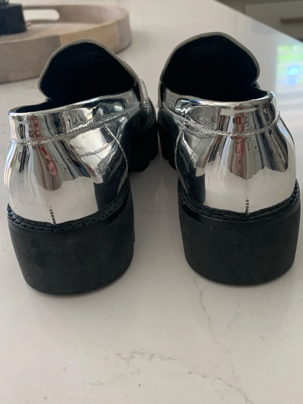 Tory Burch Metallic Silver Platform Classic Lug Loafers Shoes Size 7.5 M